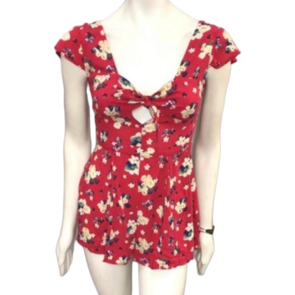 F21 - LG Red Floral Bow Tie Bohemian Romper
